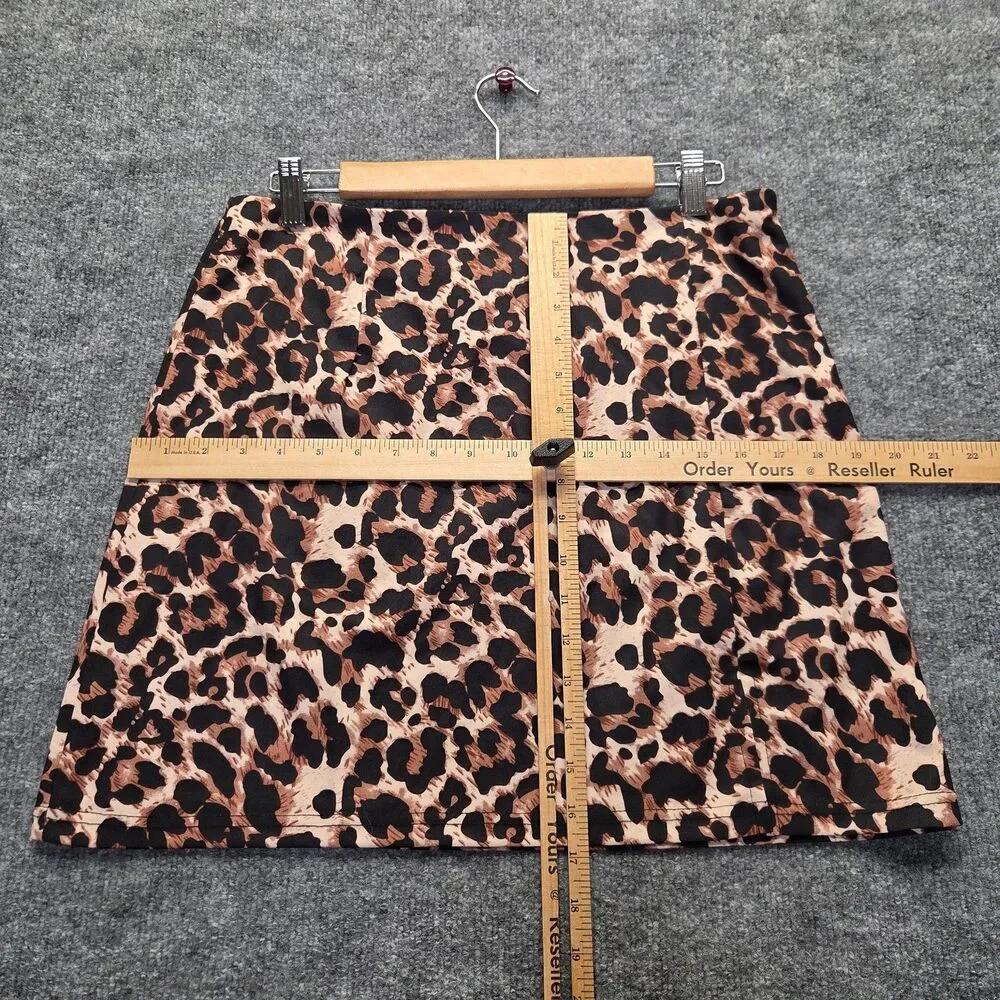 Womens Skirt Medium Black Brown Leopard Print A-Line Mini Slit Stretch Zip